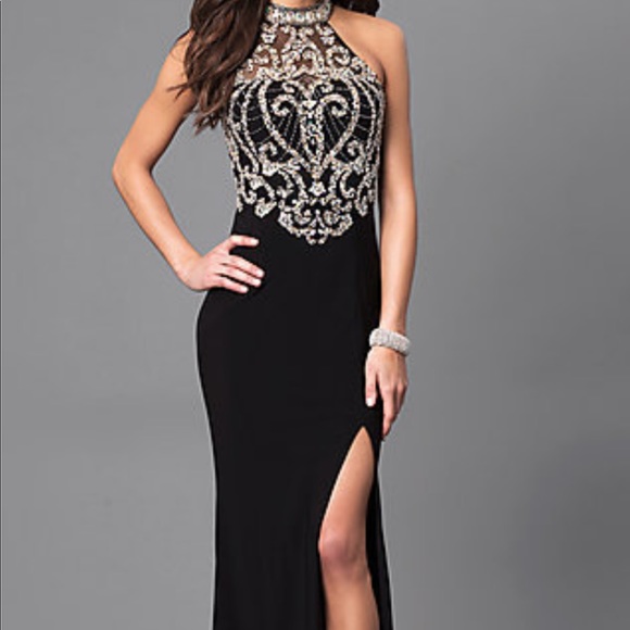 Dark Gray with Gold Beading Prom Dresses